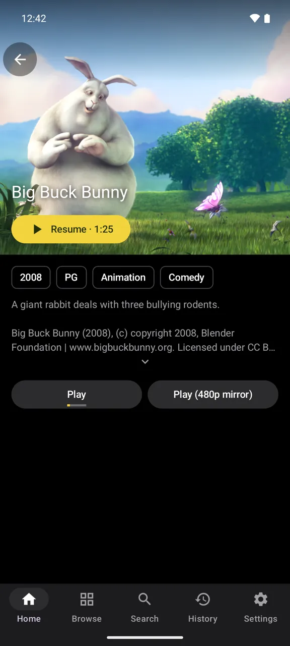 A title’s page on a phone, dark theme