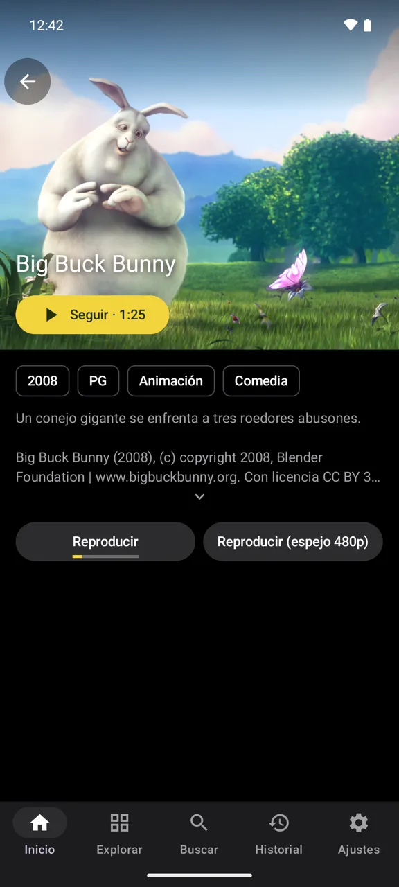 La página de un título en un teléfono, tema oscuro
