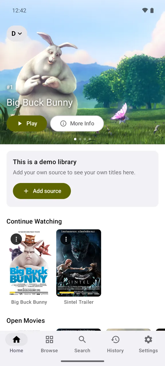 Yonto on a phone, on the built-in demo library, light theme
