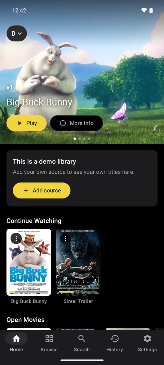 Yonto on a phone, on the built-in demo library, dark theme