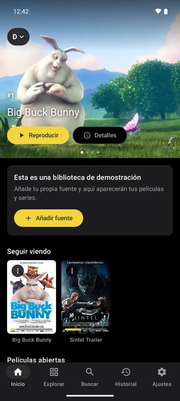 Yonto en un teléfono, con la biblioteca de demostración integrada, tema oscuro